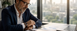 Personne consultant un document sur le rachat de trimestres de retraite, stylo en main, air concentré.