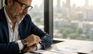 Personne consultant un document sur le rachat de trimestres de retraite, stylo en main, air concentré.